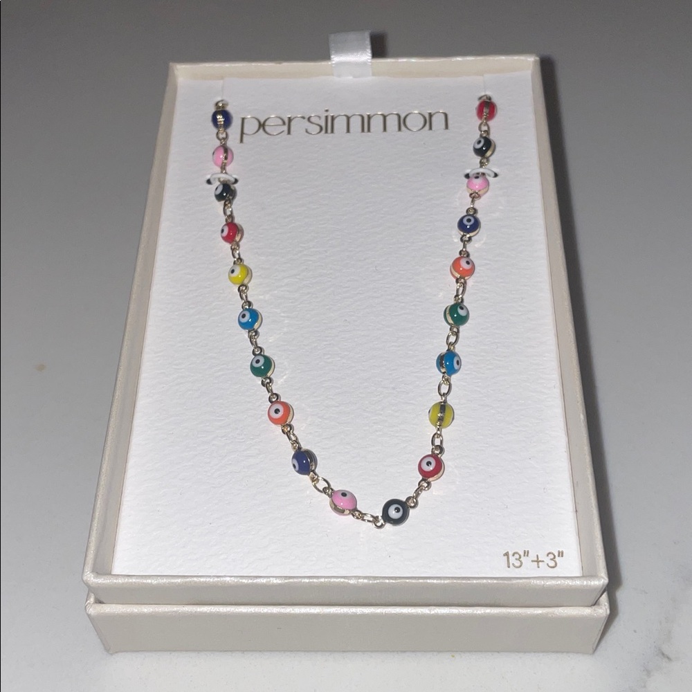 Persimmon Colorful Evil Eye Necklace Gold color chain multi colored beads NIB